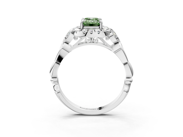 Platinum Fancy Green Emerald  Halo Diamond Engagement Ring with Vintage-Inspired Band and Four-Prong Setting