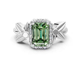 White gold Fancy Green Emerald  Halo Diamond Floral Band with Four-Prong Setting_55