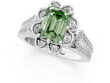 White gold Fancy Green Emerald  Halo Diamond Floral Split Shank Engagement Ring 1
