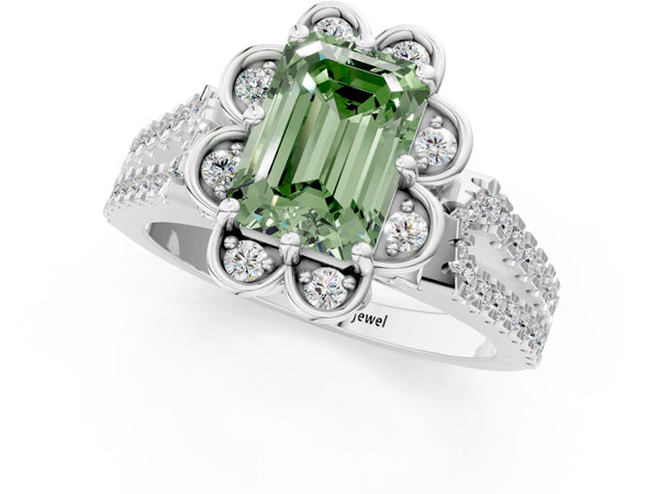 White gold Fancy Green Emerald  Halo Diamond Floral Split Shank Engagement Ring