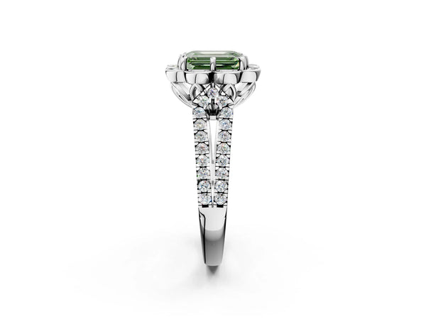 White gold Fancy Green Emerald  Halo Diamond Floral Split Shank Engagement Ring