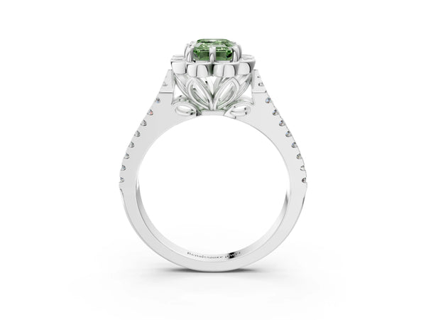 White gold Fancy Green Emerald  Halo Diamond Floral Split Shank Engagement Ring