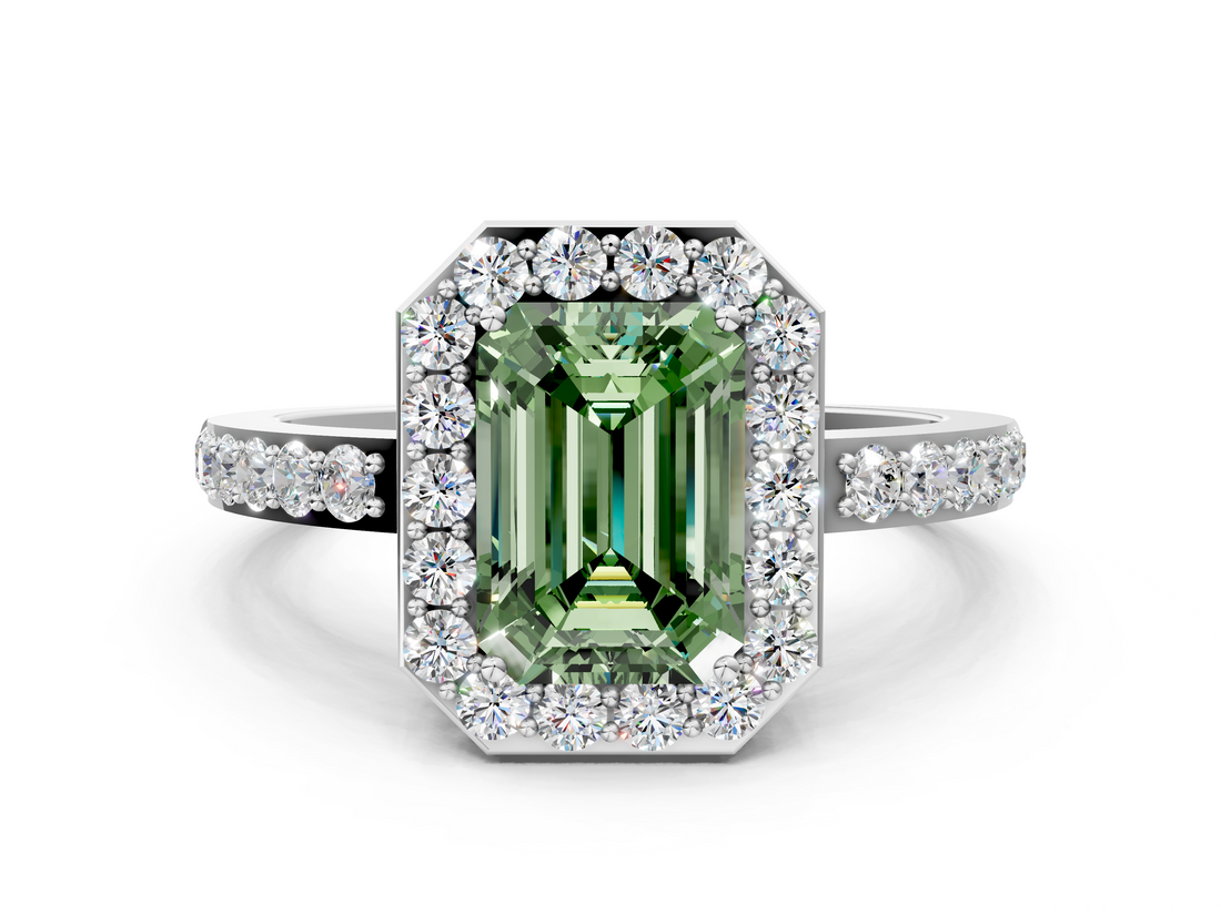White gold Fancy Green Emerald  Halo Diamond Pavé Band Ring with Prong Setting_20