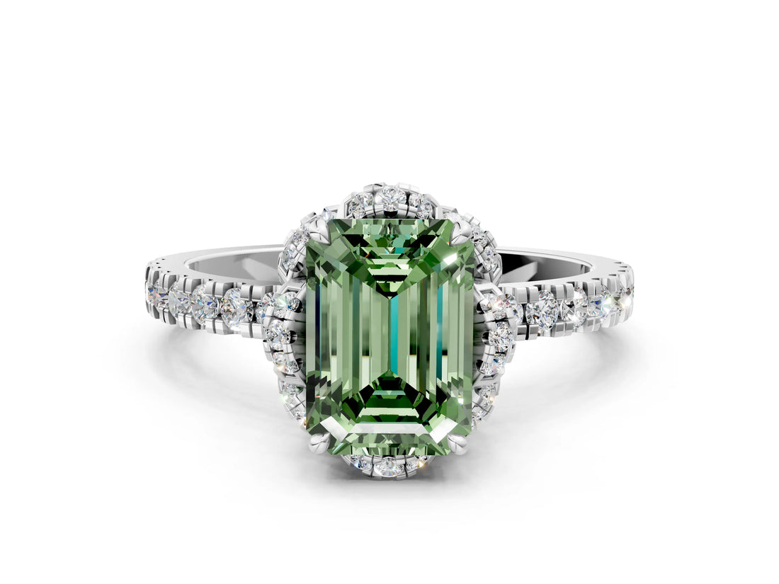 White gold Fancy Green Emerald  Halo Diamond Pave Band Ring with Four-Prong Setting_15