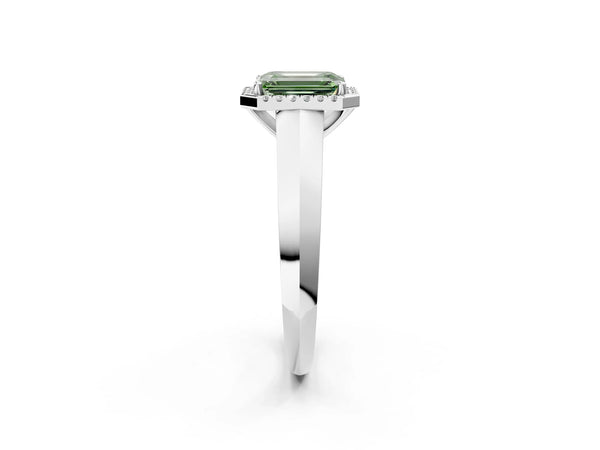 White gold Fancy Green Emerald  Halo Diamond Ring with Cathedral Band and Four-Prong Setting