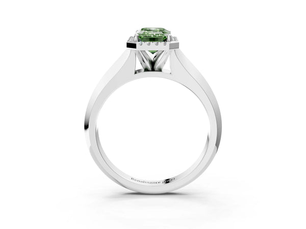 White gold Fancy Green Emerald  Halo Diamond Ring with Cathedral Band and Four-Prong Setting