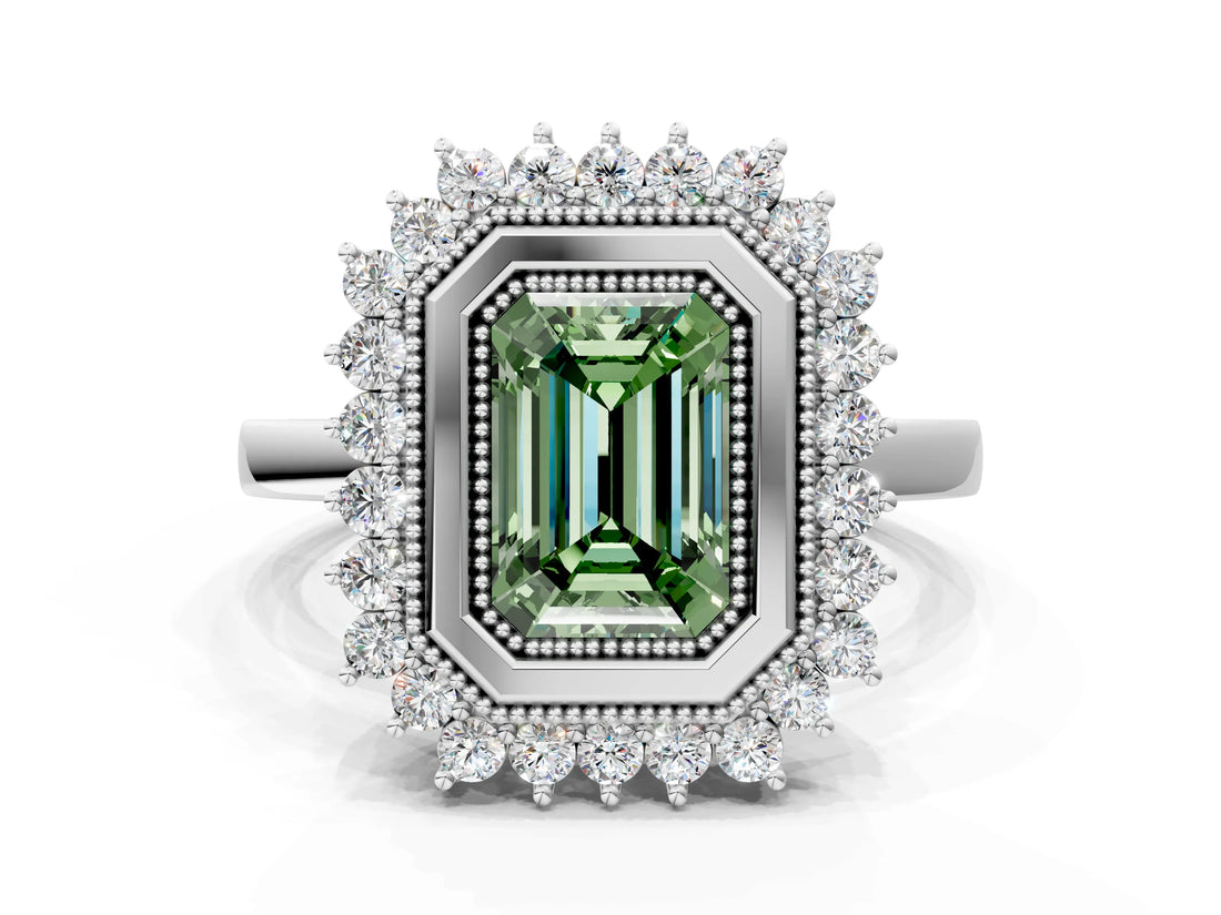 White gold Fancy Green Emerald  Halo Diamond Ring with Milgrain Edge and Round Prong Setting_55
