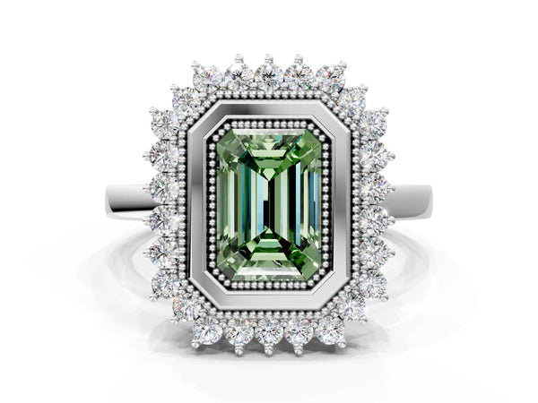 White gold Fancy Green Emerald  Halo Diamond Ring with Milgrain Edge and Round Prong Setting
