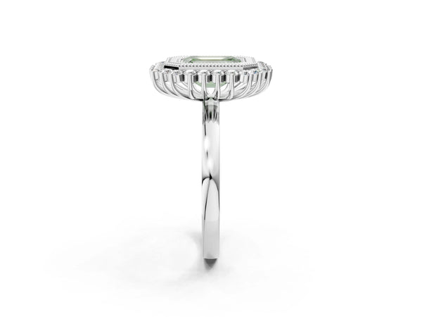 White gold Fancy Green Emerald  Halo Diamond Ring with Milgrain Edge and Round Prong Setting