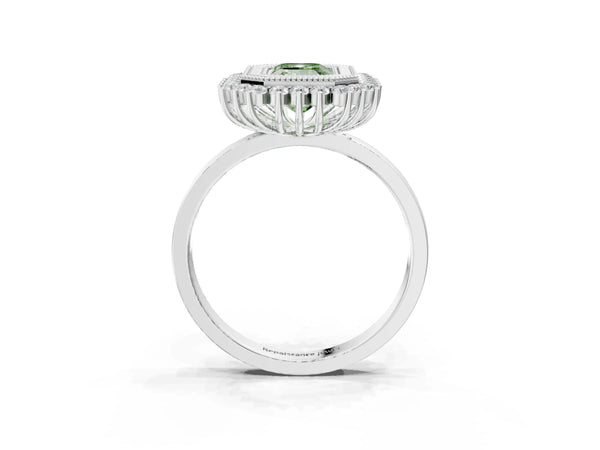 White gold Fancy Green Emerald  Halo Diamond Ring with Milgrain Edge and Round Prong Setting