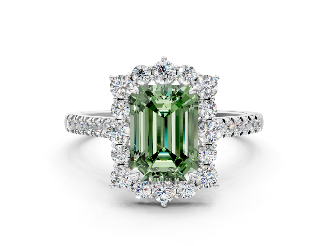 White gold Fancy Green Emerald  Halo Diamond Ring with Pavé Band and Prong Setting_20