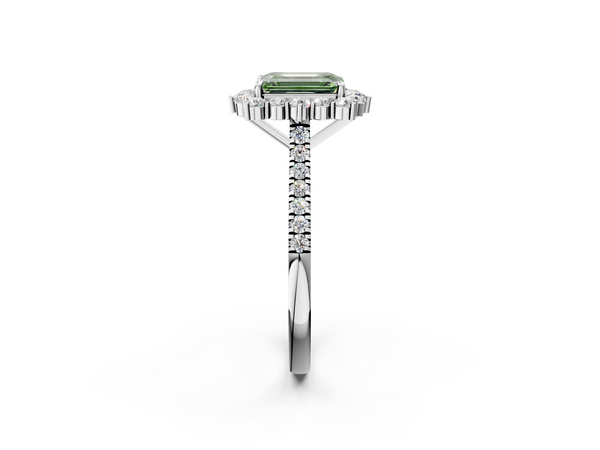 Platinum Fancy Green Emerald  Halo Diamond Ring with Pavé Band and Prong Setting
