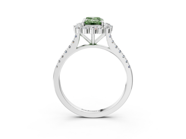 Platinum Fancy Green Emerald  Halo Diamond Ring with Pavé Band and Prong Setting