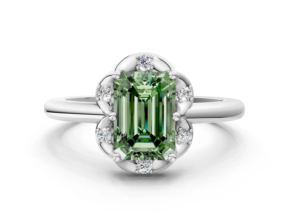 White gold Fancy Green Emerald  Halo Diamond Ring with Round Cluster Setting, Solitaire Band, and Four-Prong Setting_49
