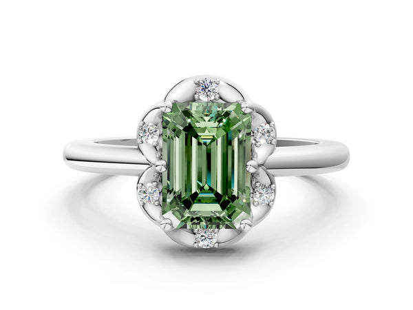 White gold Fancy Green Emerald  Halo Diamond Ring with Round Cluster Setting, Solitaire Band, and Four-Prong Setting