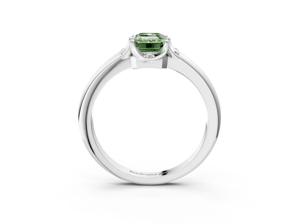 White gold Fancy Green Emerald  Halo Diamond Ring with Round Cluster Setting, Solitaire Band, and Four-Prong Setting
