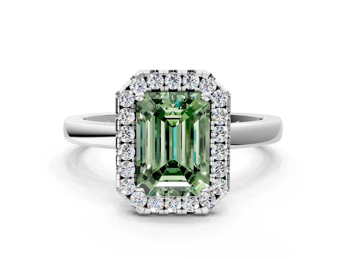White gold Fancy Green Emerald  Halo Diamond Solitaire with Pavé Band and Four-Prong Setting_104