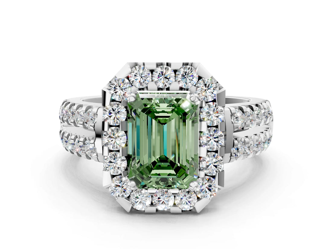 White gold Fancy Green Emerald  Halo Diamond Split Shank Engagement Ring with Prong Setting_57