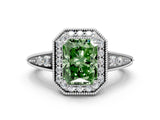 White gold Fancy Green Emerald  Halo Diamond Split Shank Ring with Milgrain Detail_48