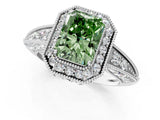 White gold Fancy Green Emerald  Halo Diamond Split Shank Ring with Milgrain Detail_49