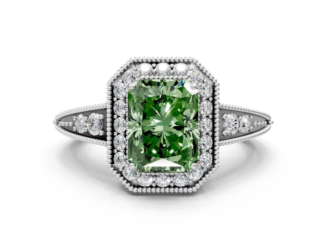 White gold Fancy Green Emerald  Halo Diamond Split Shank Ring with Milgrain Detail_49