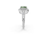 White gold Fancy Green Emerald  Halo Diamond Split Shank Ring with Milgrain Detail_50