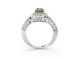White gold Fancy Green Emerald  Halo Diamond Split Shank Ring with Milgrain Detail_51