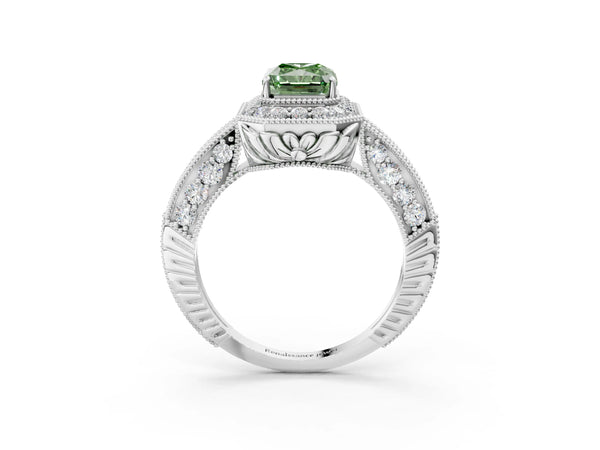 White gold Fancy Green Emerald  Halo Diamond Split Shank Ring with Milgrain Detail