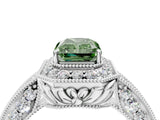 White gold Fancy Green Emerald  Halo Diamond Split Shank Ring with Milgrain Detail_53