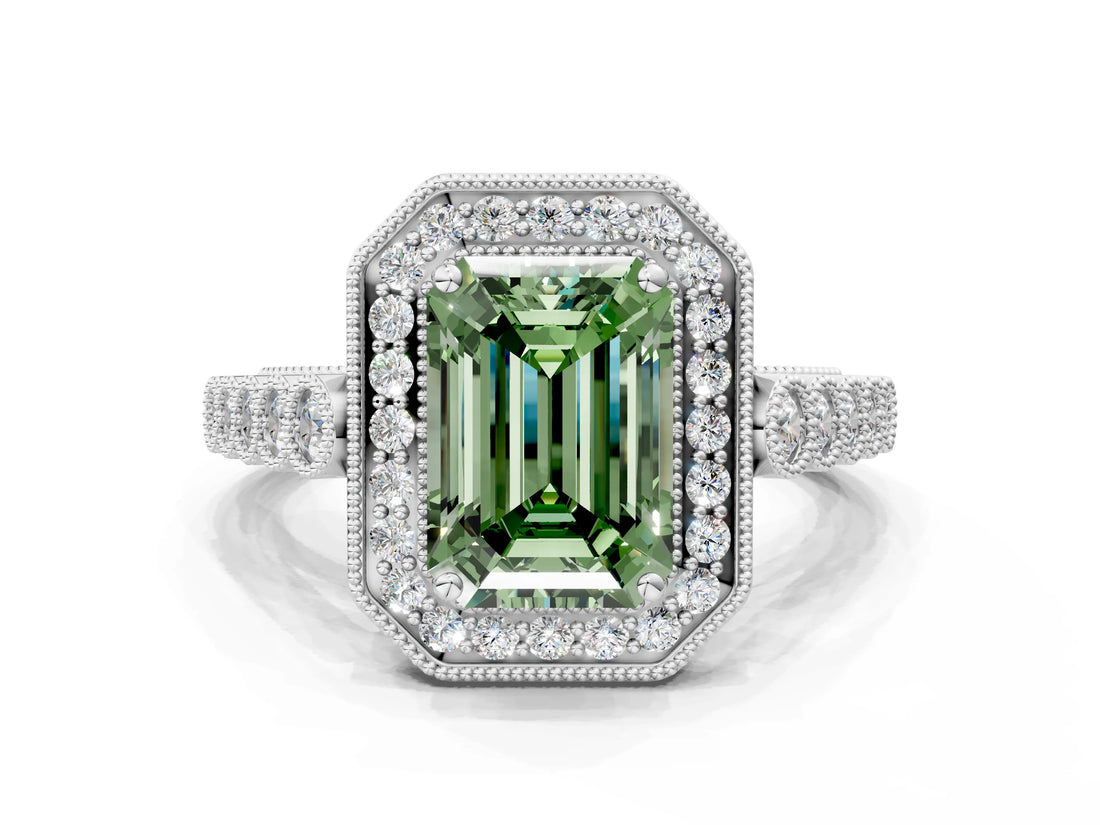 White gold Fancy Green Emerald  Halo Milgrain Solitaire with Bezel Set Side Stones and Pave Band_32