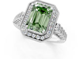 White gold Fancy Green Emerald  Halo Milgrain Solitaire with Bezel Set Side Stones and Pave Band_33