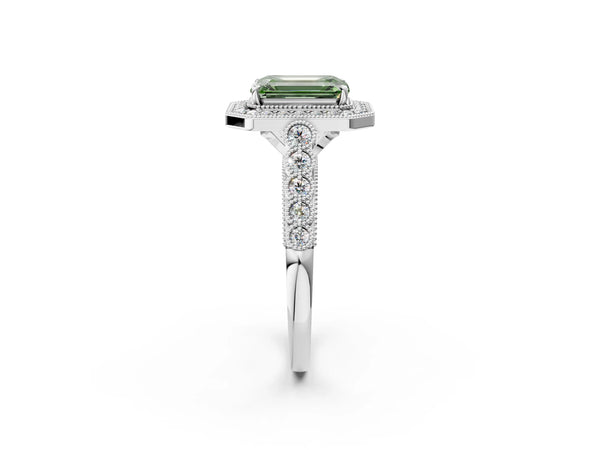 White gold Fancy Green Emerald  Halo Milgrain Solitaire with Bezel Set Side Stones and Pave Band