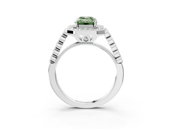 White gold Fancy Green Emerald  Halo Milgrain Solitaire with Bezel Set Side Stones and Pave Band