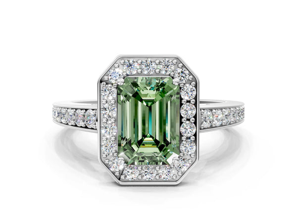 Platinum Fancy Green Emerald  Halo Pavé Diamond Engagement Ring with Bezel Setting