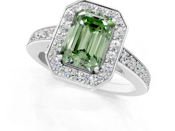 Platinum Fancy Green Emerald  Halo Pavé Diamond Engagement Ring with Bezel Setting