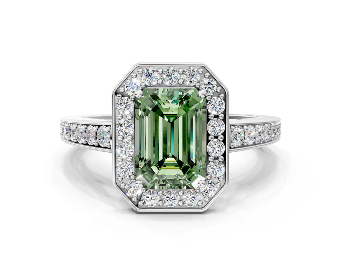 White gold Fancy Green Emerald  Halo Pavé Diamond Engagement Ring with Bezel Setting_37