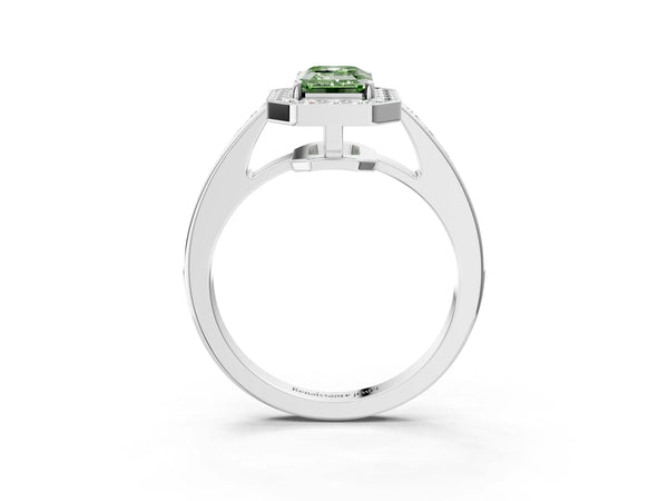Platinum Fancy Green Emerald  Halo Pavé Diamond Engagement Ring with Bezel Setting
