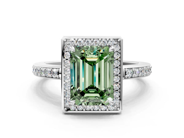 White gold Fancy Green Emerald  Halo Pave Band Solitaire Ring with Prong Setting
