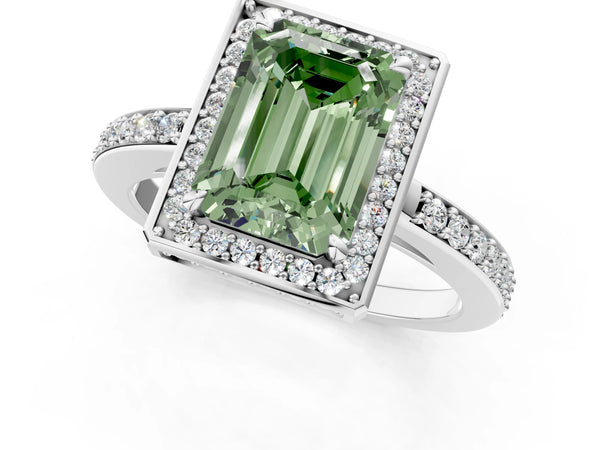 White gold Fancy Green Emerald  Halo Pave Band Solitaire Ring with Prong Setting