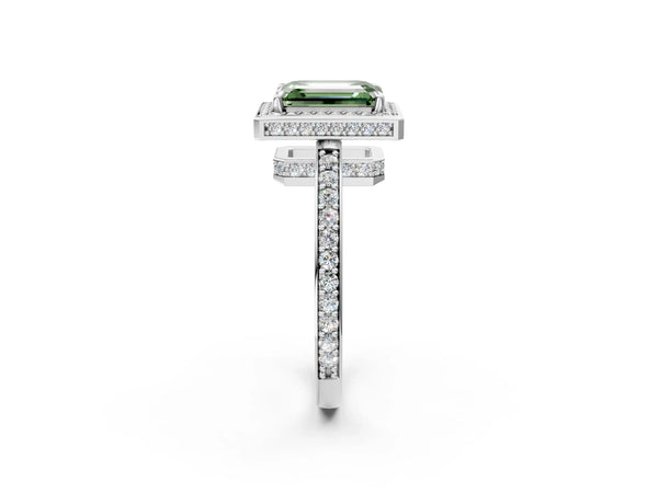 White gold Fancy Green Emerald  Halo Pave Band Solitaire Ring with Prong Setting