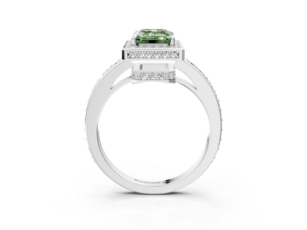 White gold Fancy Green Emerald  Halo Pave Band Solitaire Ring with Prong Setting