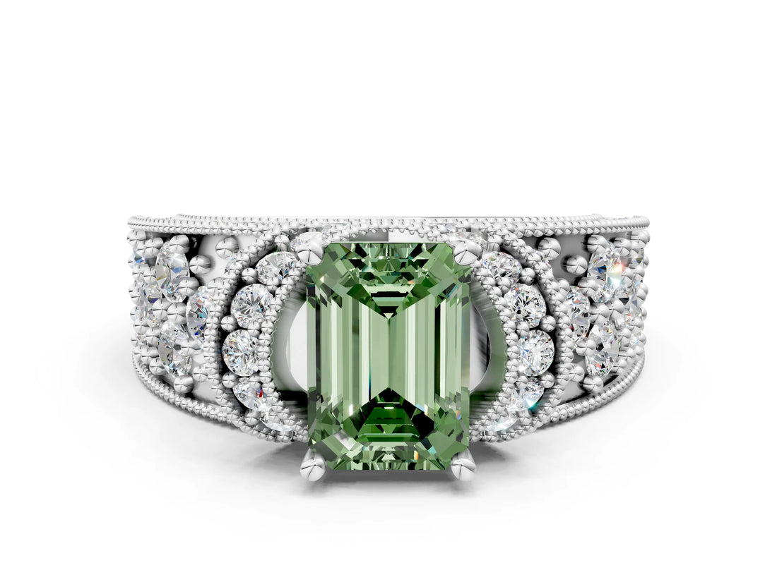 White gold Fancy Green Emerald  Halo Pave Diamond Engagement Ring with Milgrain Detailing_73