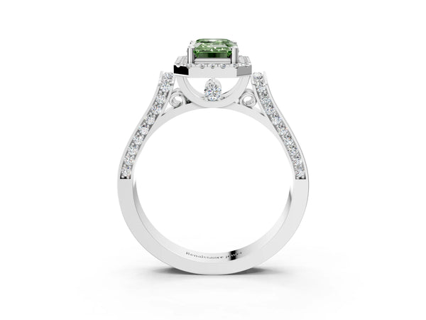 White gold Fancy Green Emerald  Halo Pave Split Shank Prong Setting Ring