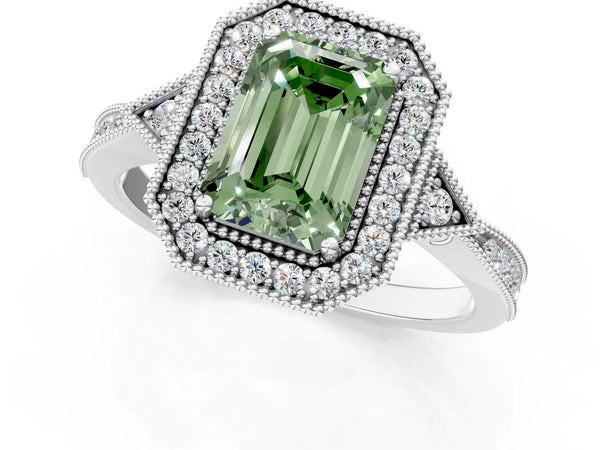 White gold Fancy Green Emerald  Halo Round Diamond Milgrain Pave Engagement Ring