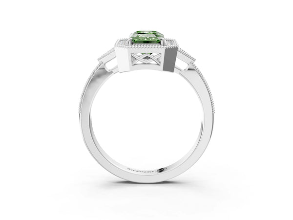 White gold Fancy Green Emerald  Halo Round Diamond Milgrain Pave Engagement Ring