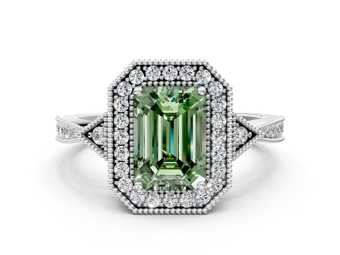 White gold Fancy Green Emerald  Halo Round Diamond Milgrain Pave Engagement Ring_13