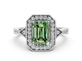White gold Fancy Green Emerald  Halo Round Diamond Milgrain Pave Engagement Ring_9