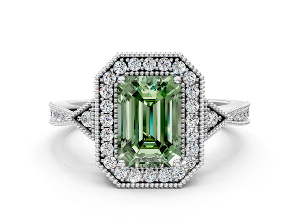 White gold Fancy Green Emerald  Halo Round Diamond Milgrain Pave Engagement Ring