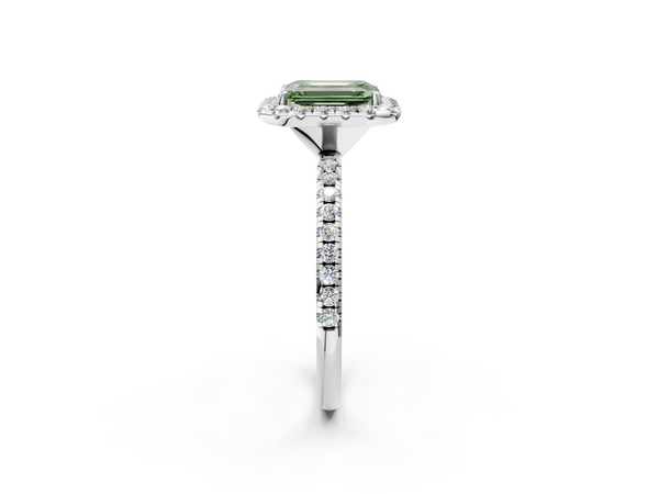 White gold Fancy Green Emerald  Halo Round Diamond Pavé Band Four-Prong Ring