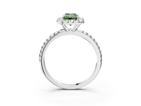 White gold Fancy Green Emerald  Halo Round Diamond Pavé Band Four-Prong Ring